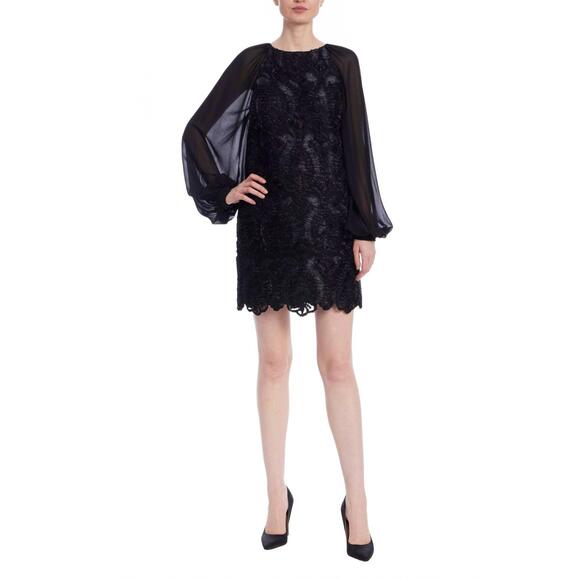 NEW BADGLEY MISCHKA women's georgette sleeves ribbon detailing mini dress in bla